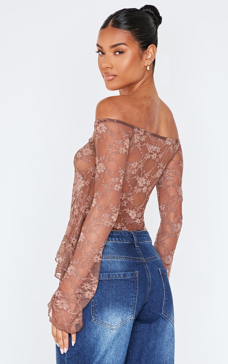 Taupe Bardot Lace Detail Flared Sleeve Long Top Product Image