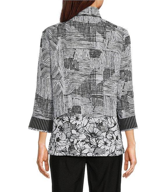 Ali Miles Petite Size Puckered Woven Floral Stripe Print Wire Collar 3/4 Sleeve Contrast Trim Button Front Tunic Product Image