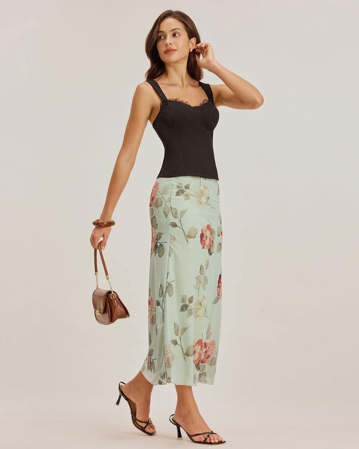 Green Floral Elastic Waist Straight Midi Skirt Product Image
