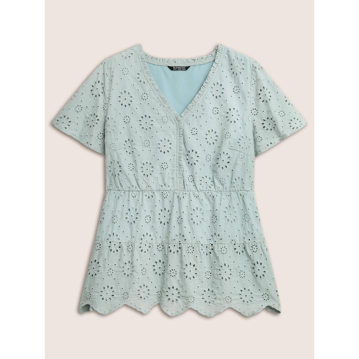 Plus Size Arctic Plain Broderie Anglaise Flutter Sleeve Blouse Women Elegant Short sleeve V-neck Everyday Blouses BloomChic 10/M Product Image