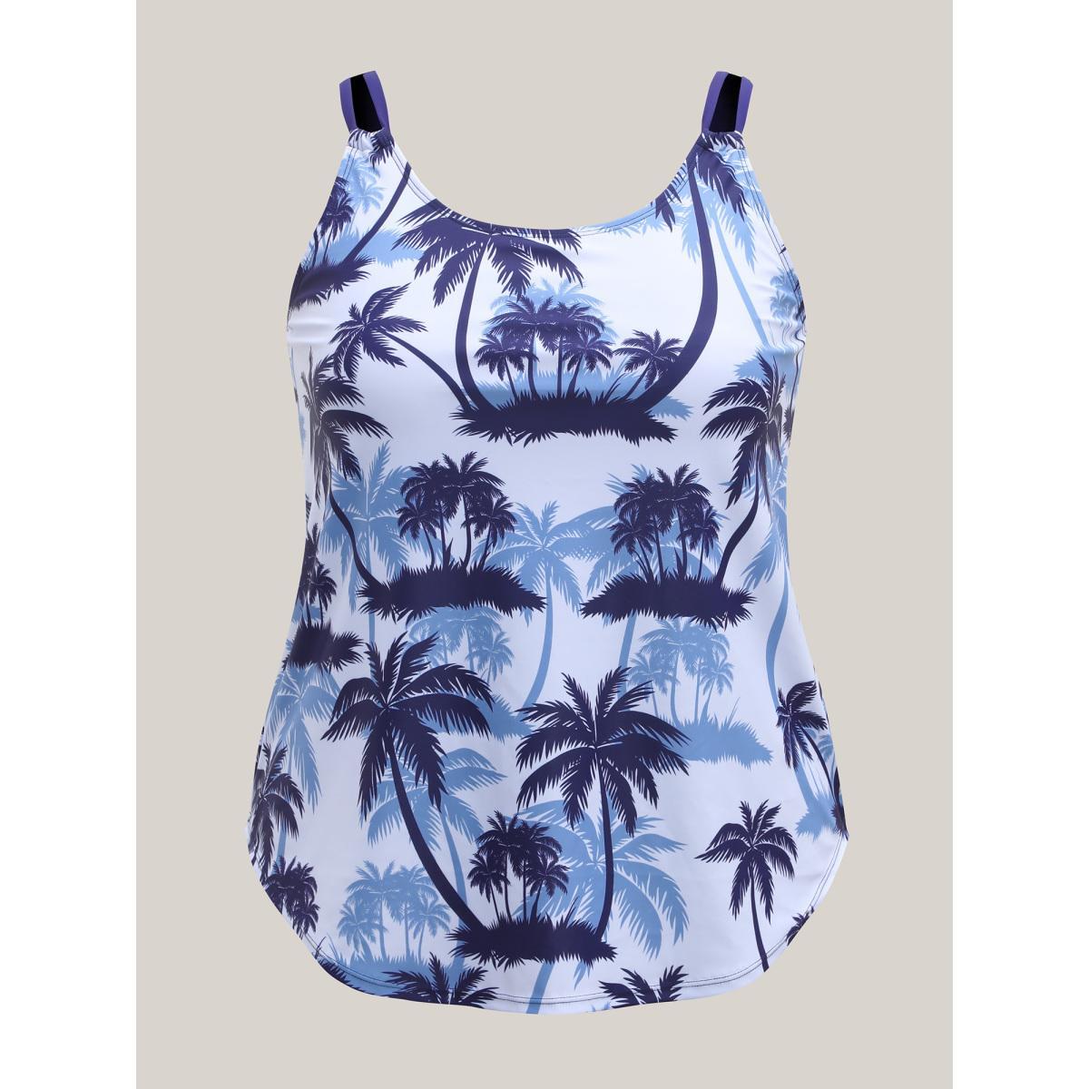 Plus Size Tropical Print Curvy Hem Swim Top Women's Swimwear Indigo Beach High stretch Skinny U-neck Curve Swim Tops BloomChic 14-16/1X Product Image