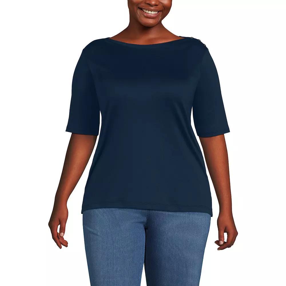 Plus Size Lands' End Elbow Sleeve Boatneck Button Shoulder Tee, Women's, Size: 1XL, Radiant Blue Product Image