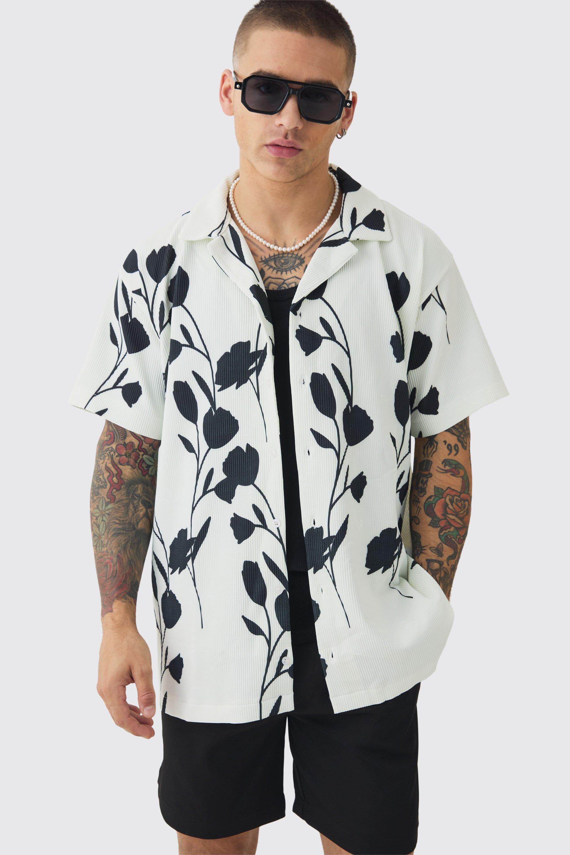 Mens White Oversized Printed Pleated Floral Shirt, White Product Image