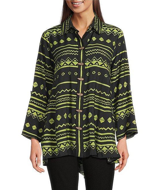 Ali Miles Woven Zig-Zag Harmony Print Point Collar 3/4 Roll-Tab Sleeve Asymmetric Hem Button Front Tunic Product Image