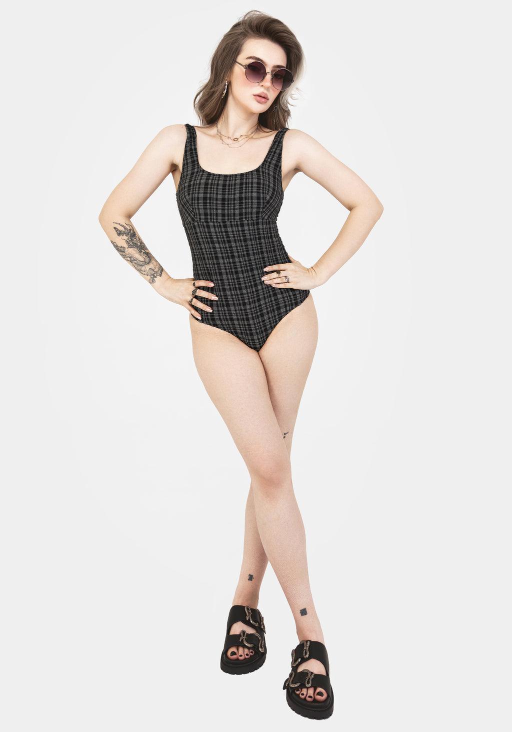 Slate Textured Check Square Neck Swimsuit Product Image