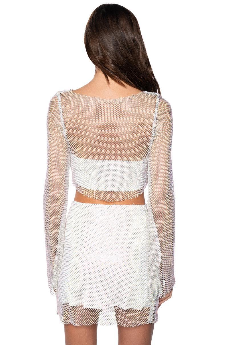 FLASHING LIGHTS RHINSTONE MESH LONG SLEEVE TOP IN WHITE Product Image