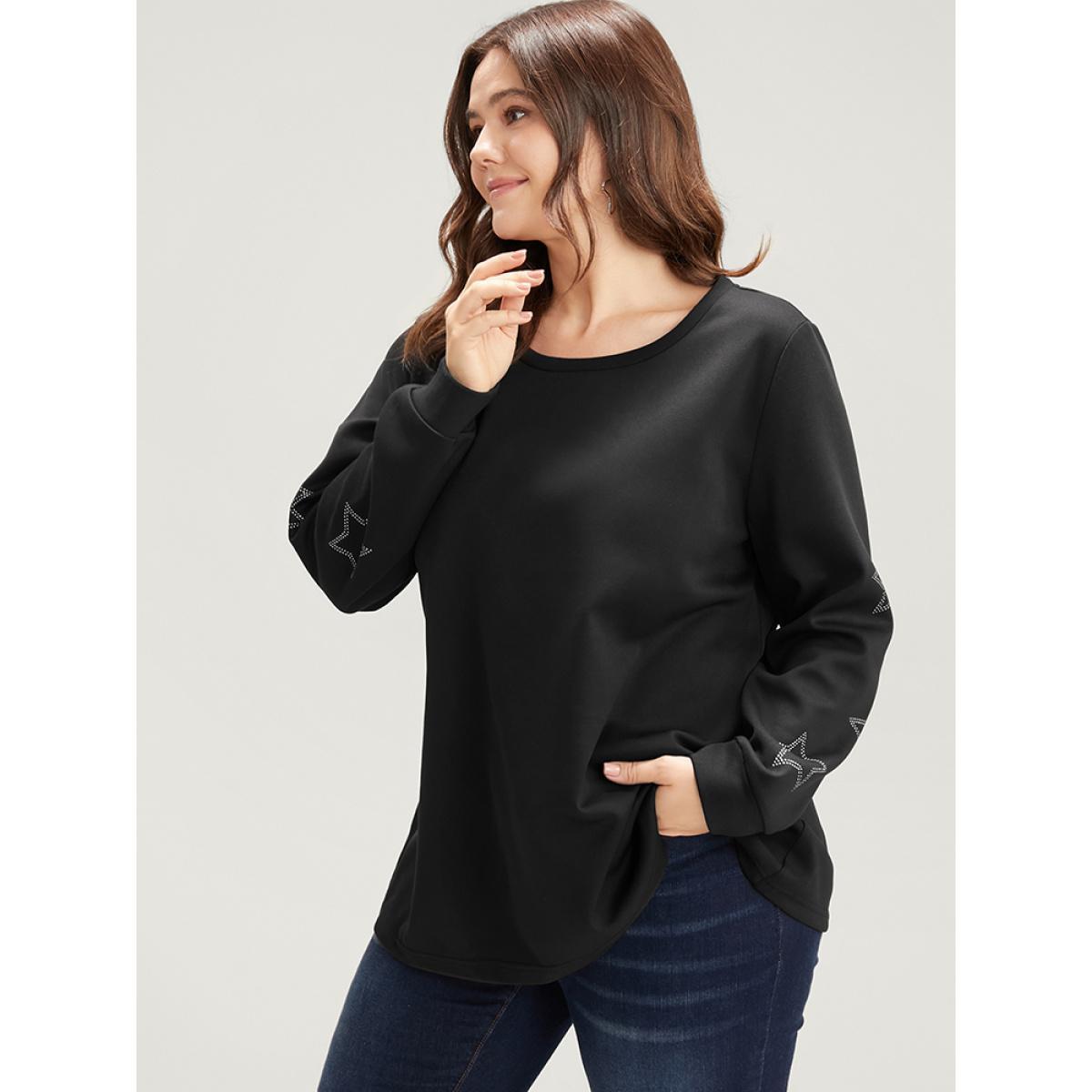 Plus Size Star Print Round Neck Drop Shoulder Sweatshirt Women Black Elegant Printed Round Neck Dailywear Sweatshirts BloomChic 10/M Product Image