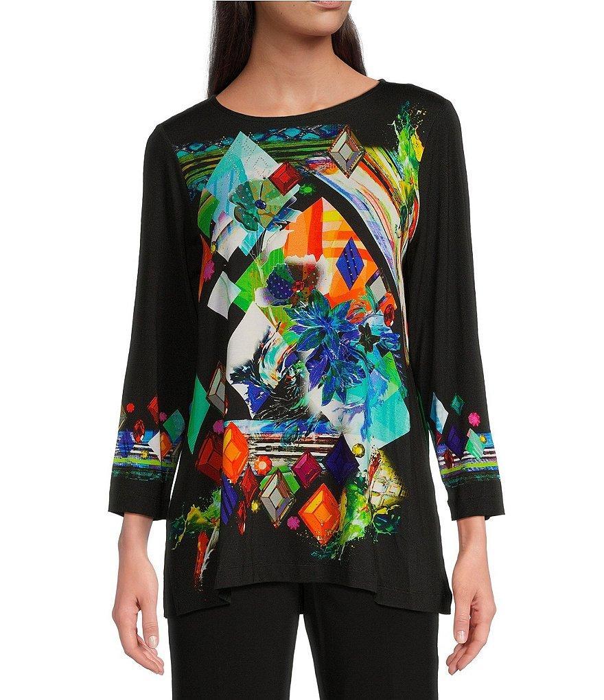 Ali Miles Printed Knit Round Neckline 3/4 Sleeve Top Product Image