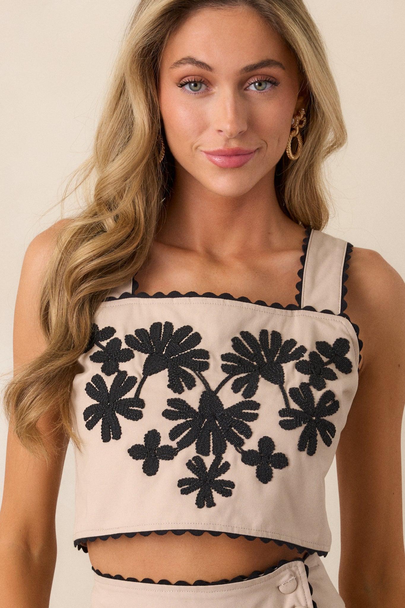 Take Me There Taupe Embroidered Floral Cropped Top Product Image