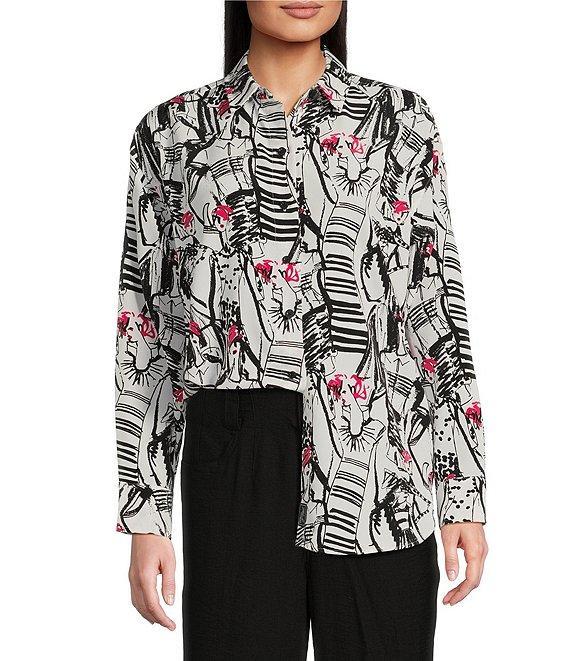 KARL LAGERFELD PARIS Silky Crepe Sketch Print Point Collar Long Sleeve Button-Front Blouse Product Image
