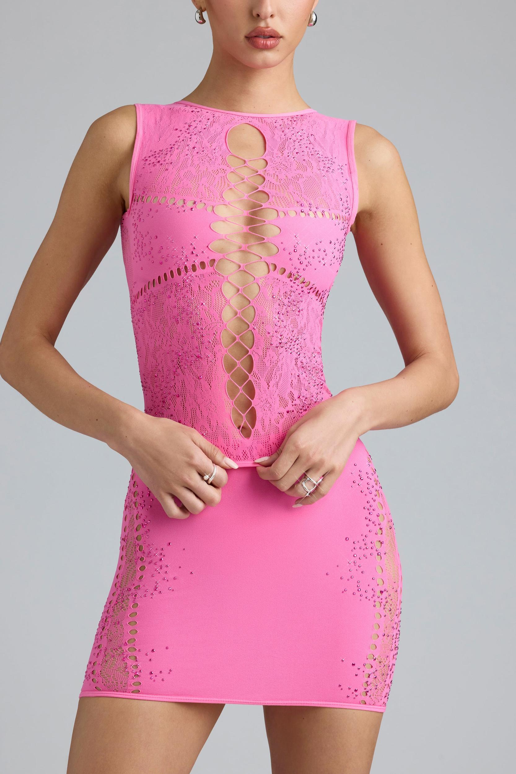 Embellished Lace-Up High-Neck Top in Bubblegum Pink Product Image