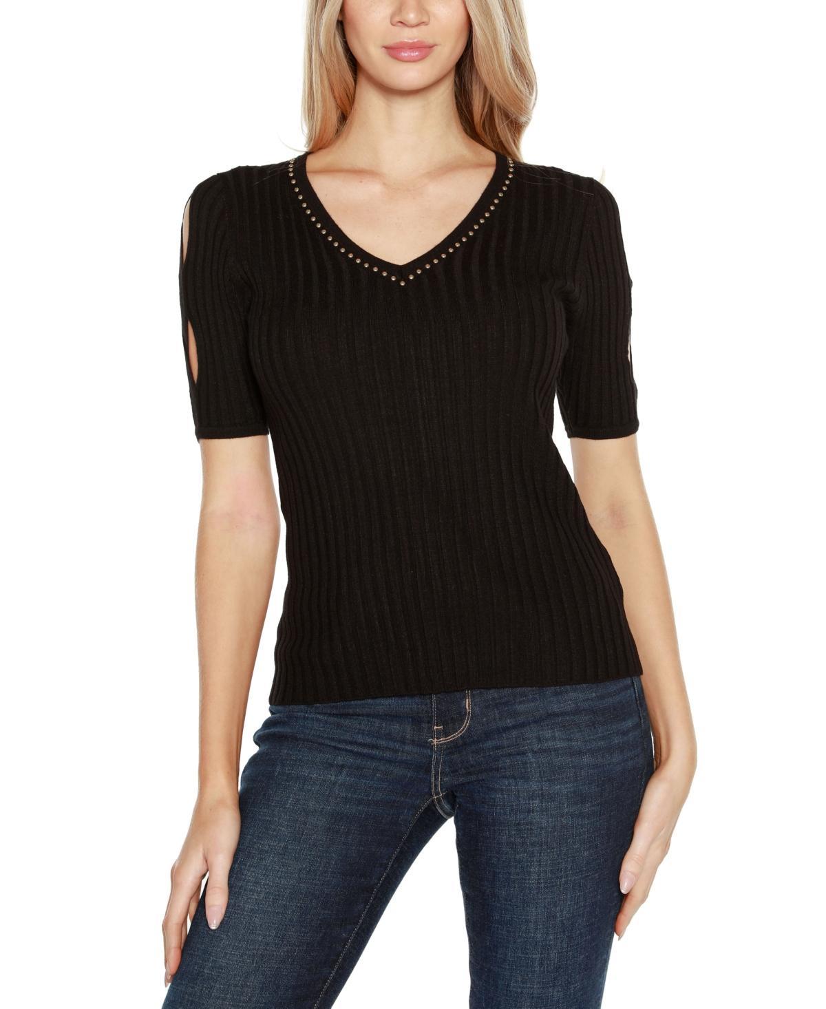 Belldini Womens Embellished Criss Cross Sleeve Sweater Product Image