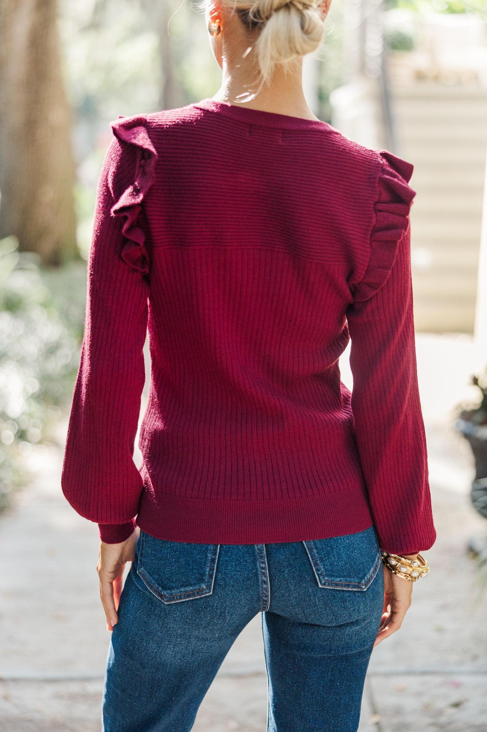 Reach Out Wine Red Ruffled Sweater Female Product Image