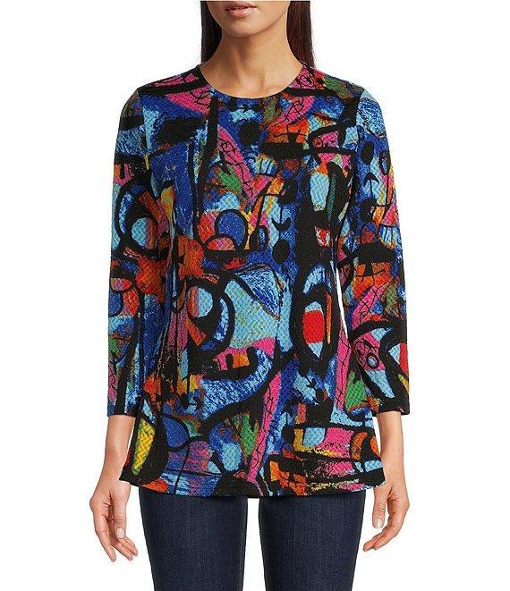 Calessa Modern Abstract Print Crew Neck 3/4 Sleeve Tunic Product Image