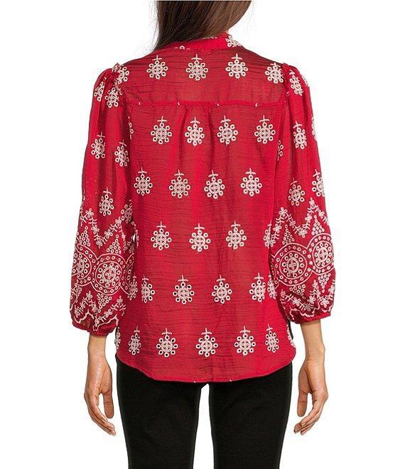 Calessa Embroidered Split V-Neck 3/4 Sleeves Button Front Tunic Product Image