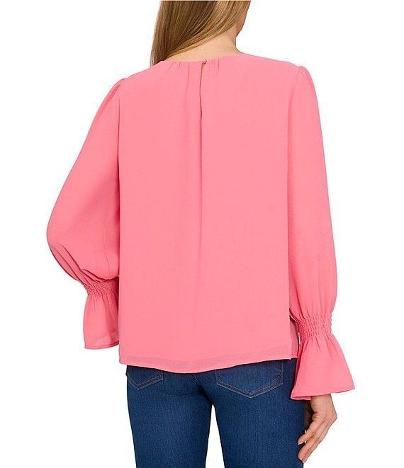 CeCe Charmeuse Round Neck Long Sleeve Smocked Cuff Blouse Product Image