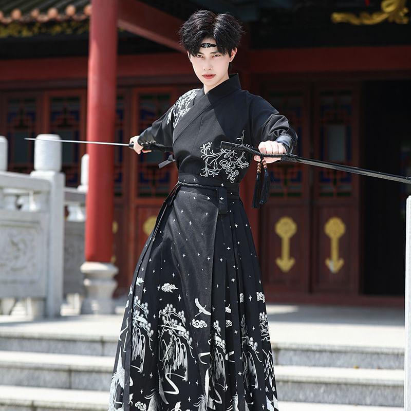 Long-Sleeve Embroidered Wrap Hanfu Top / Print Maxi Ma Mian Skirt / Wrist Cuff /Set Product Image