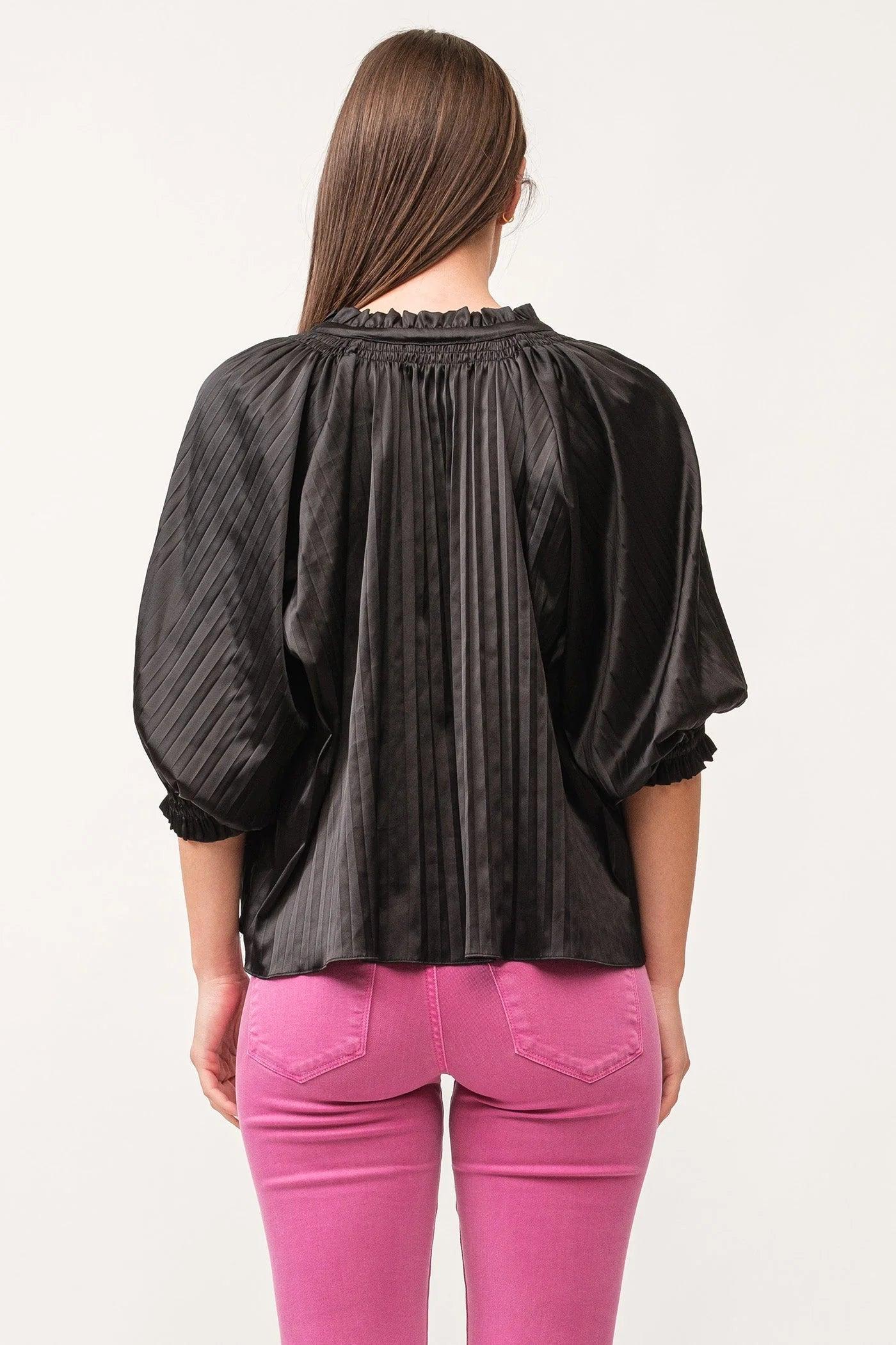 Anais Ruched Neck 3/4 Sleeve Pleated Satin Top Product Image