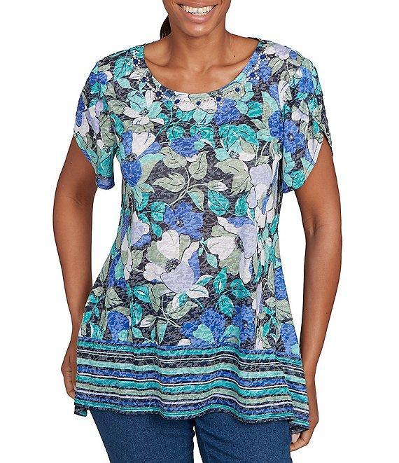 Ruby Rd. Petite Size Jersey Knit Floral Stripe Border Print Round Neck Short Sleeve Sharkbite Hem Top Product Image