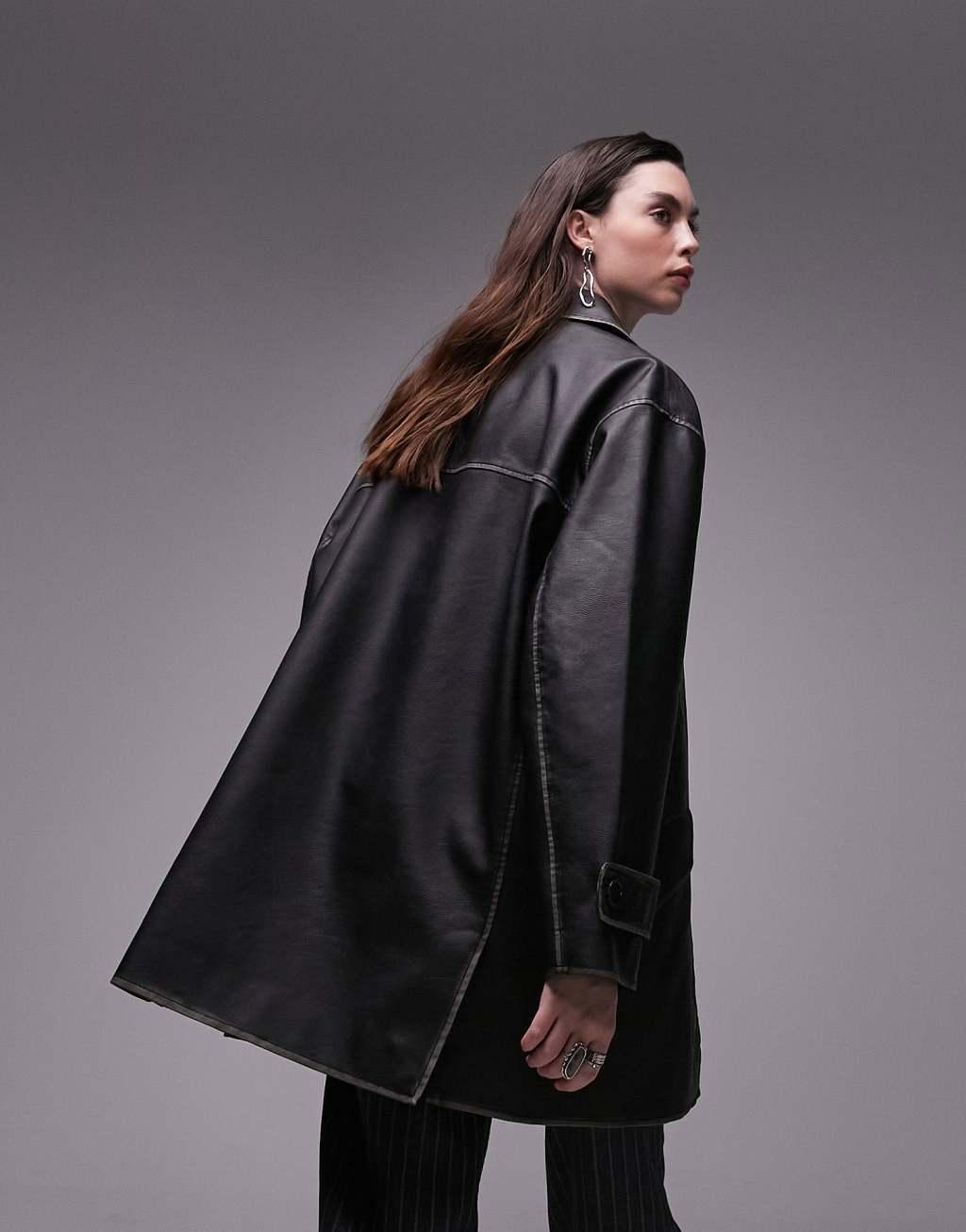 Topshop faux leather mid length coat Product Image