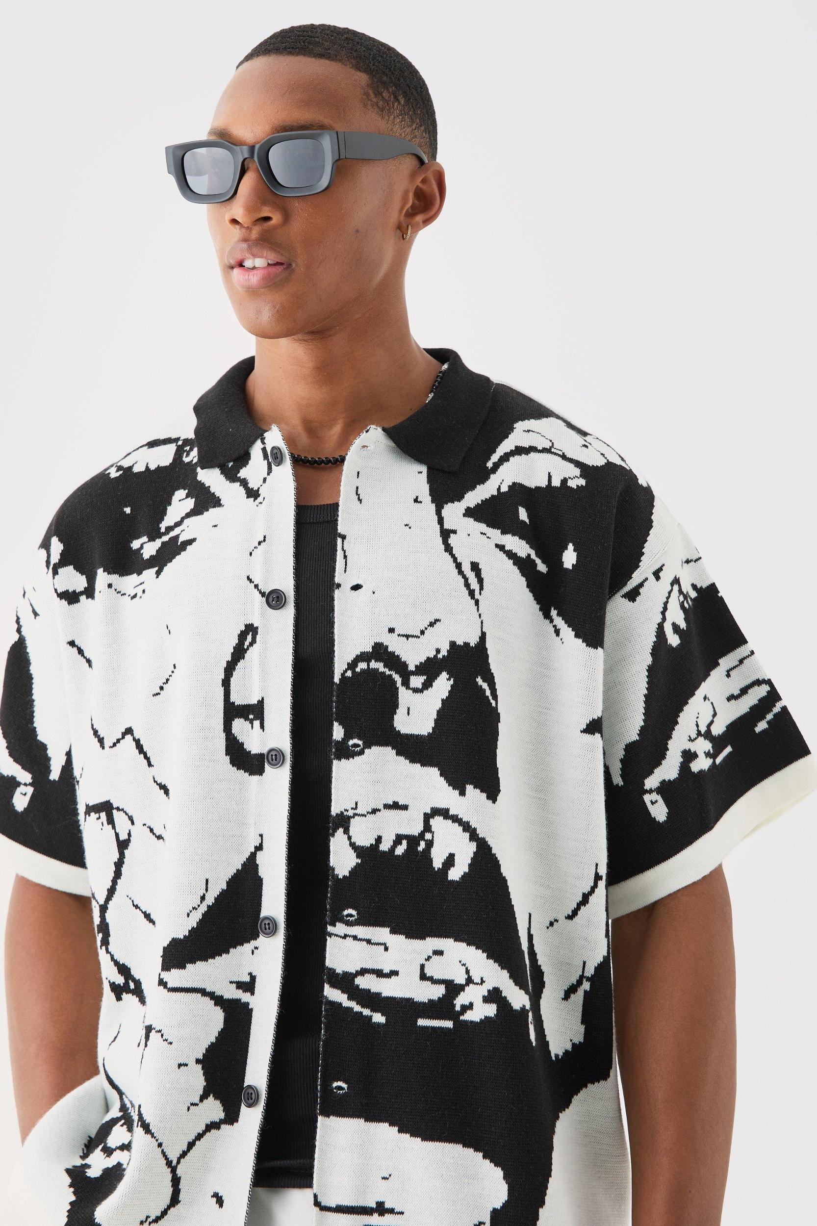 Boxy Fit Line Drawing Knitted Shirt | boohooMAN USA Product Image