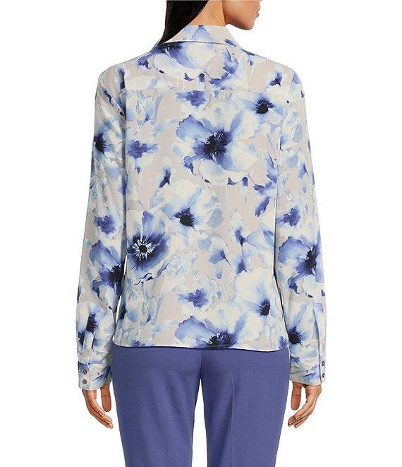 Calvin Klein Printed Georgette Point Collar Long SLeeve Ruffle Front Blouse Product Image