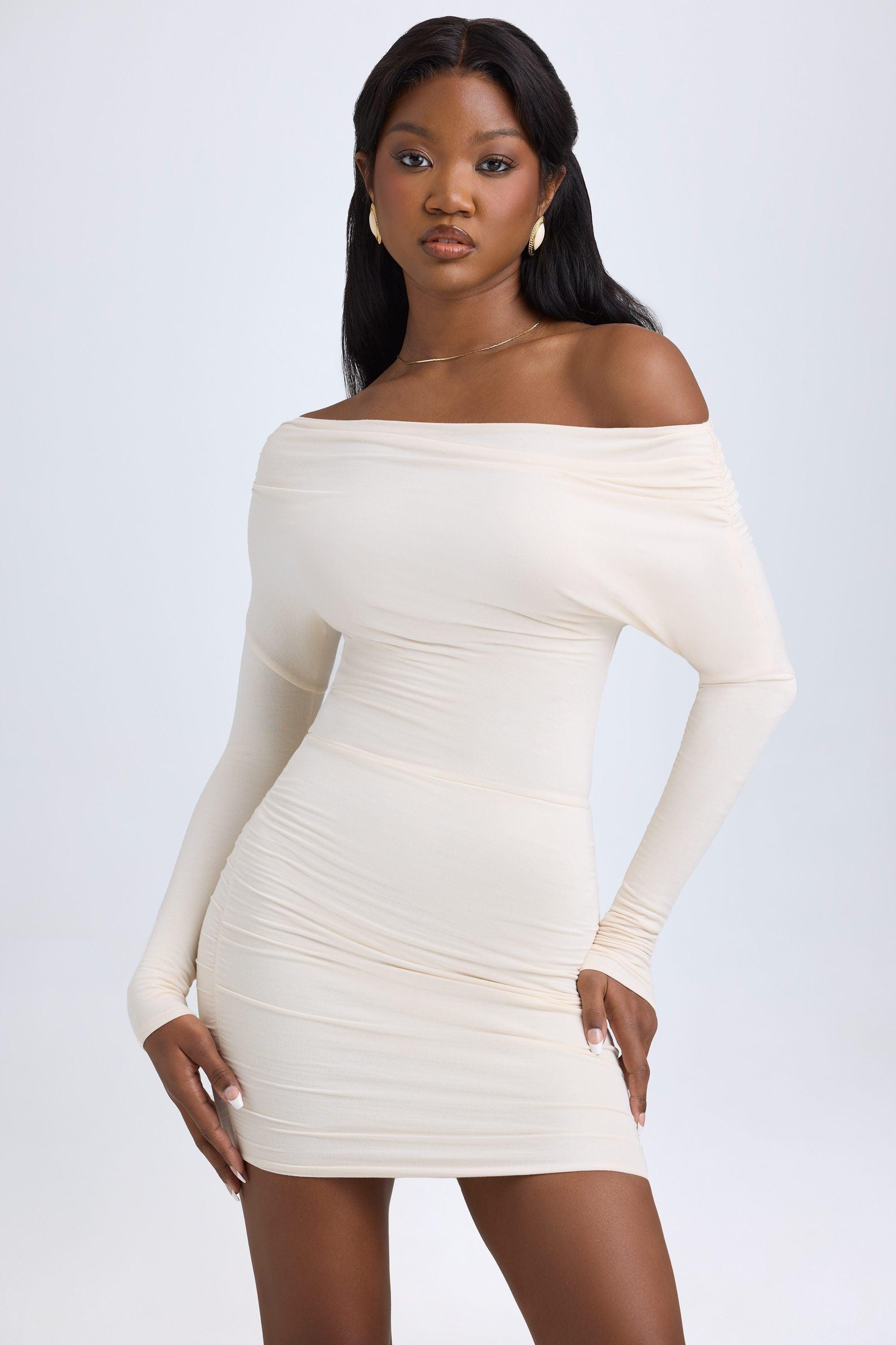 Modal Off-Shoulder Ruched Mini Dress in Ivory Product Image