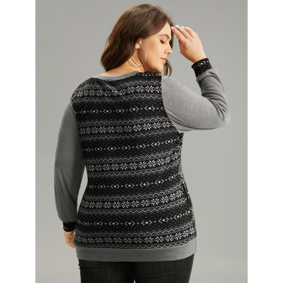 Plus Size Boho Print Patchwork Lace Panel T-shirt Black Women Casual Printed Bohemian Print Round Neck Dailywear T-shirts BloomChic 14-16/1X Product Image