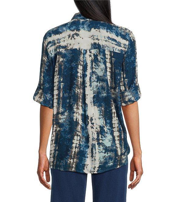 Intro Crinkle Gauze Printed Point Collar 3/4 Roll-Tab Sleeve Tie Front Hem Shirt Product Image
