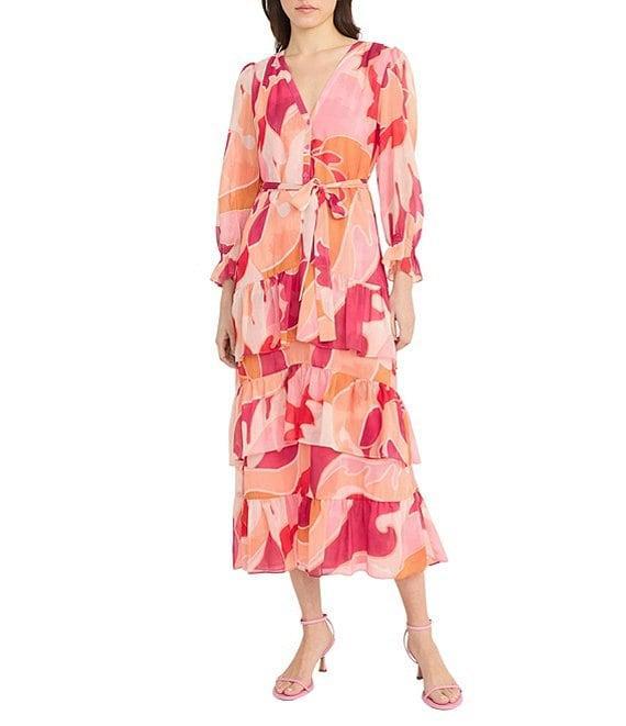 Donna Morgan Abstract Print V Neck Long Sleeve Button Front Waist Tie Button Front Shirt Midi Dress Product Image