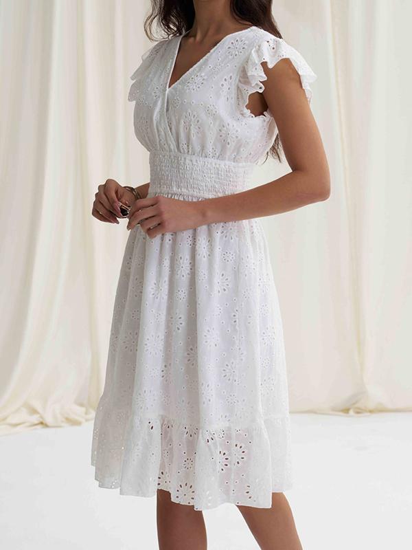 A-Line Loose Elasticity Hollow Pleated Solid Color V-Neck Mini Dresses Product Image