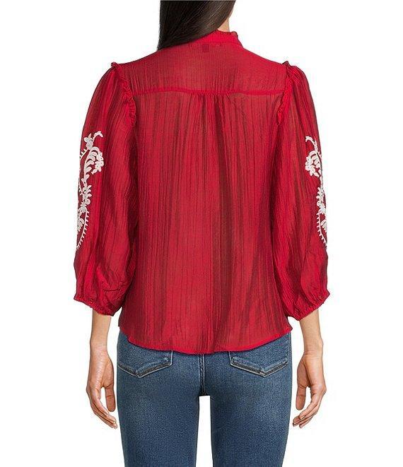 Calessa Embroidered Split Ruffle V-Neck Shoulder 3/4 Sleeve Button Front Tunic Product Image