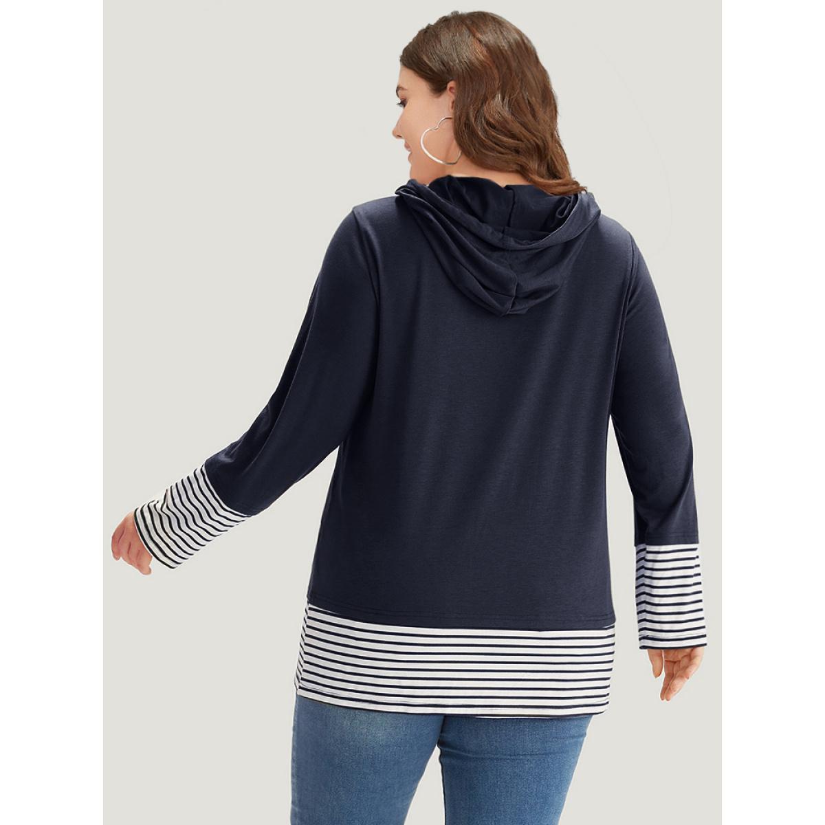 Plus Size Striped Patchwork Hooded Drawstring T-shirt Black Women Casual Patchwork Striped Hooded Dailywear T-shirts BloomChic 26/4X Product Image