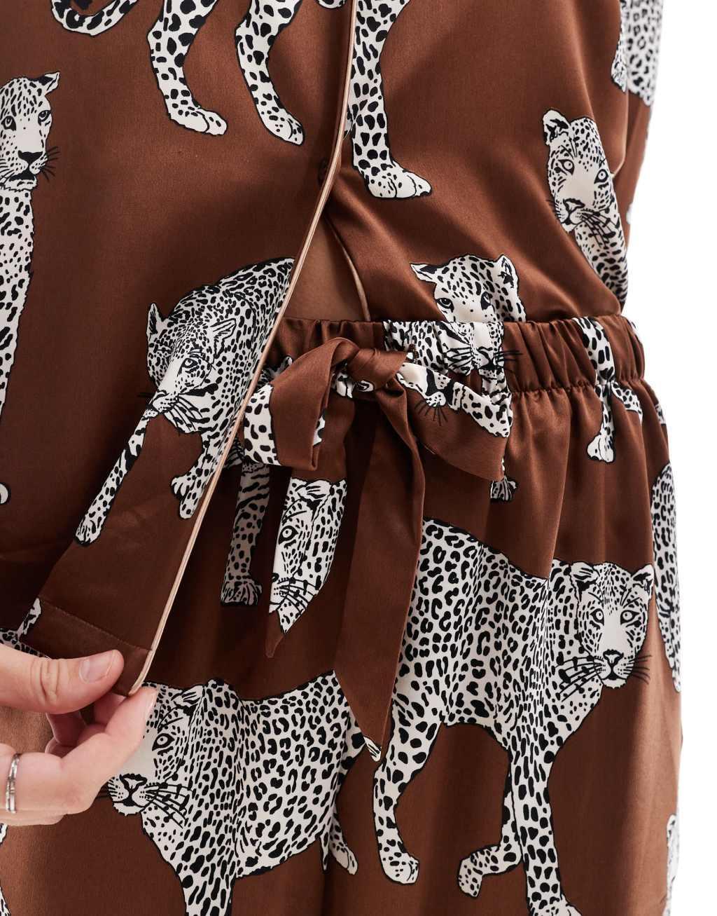 Chelsea Peers premium satin revere top and pants pajama set in brown lotus tiger print Product Image