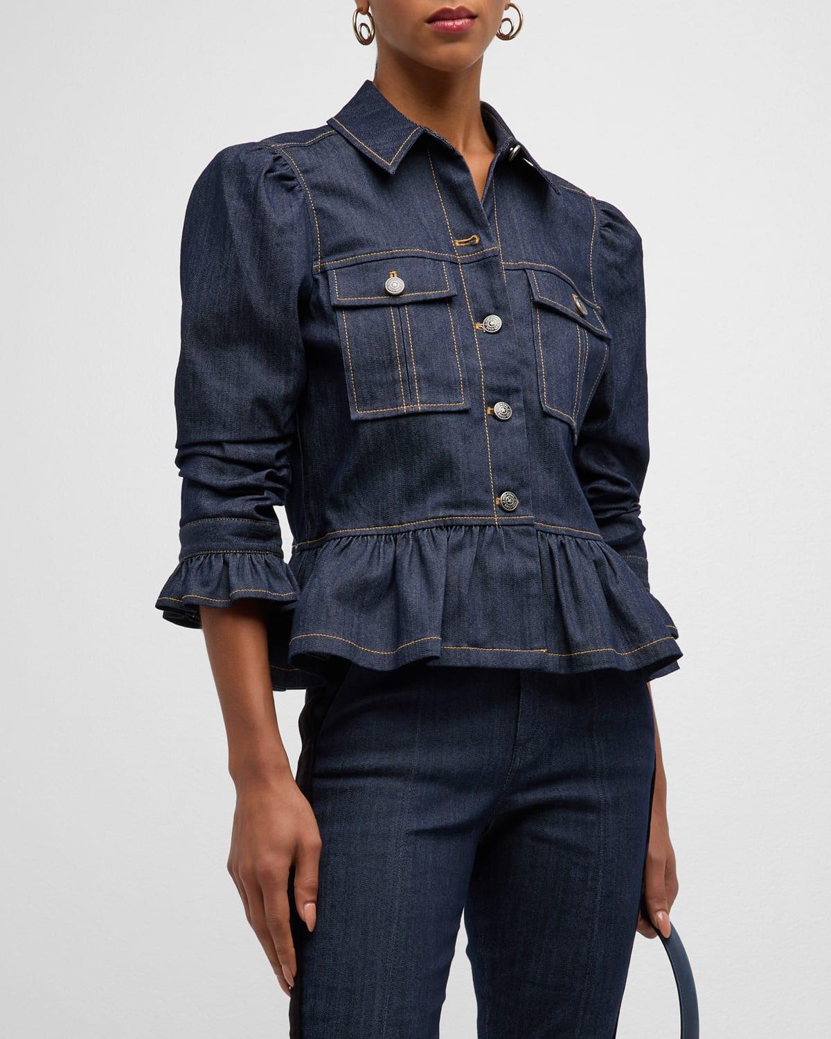 Delanie Scrunched-Sleeve Peplum Denim Jacket Product Image