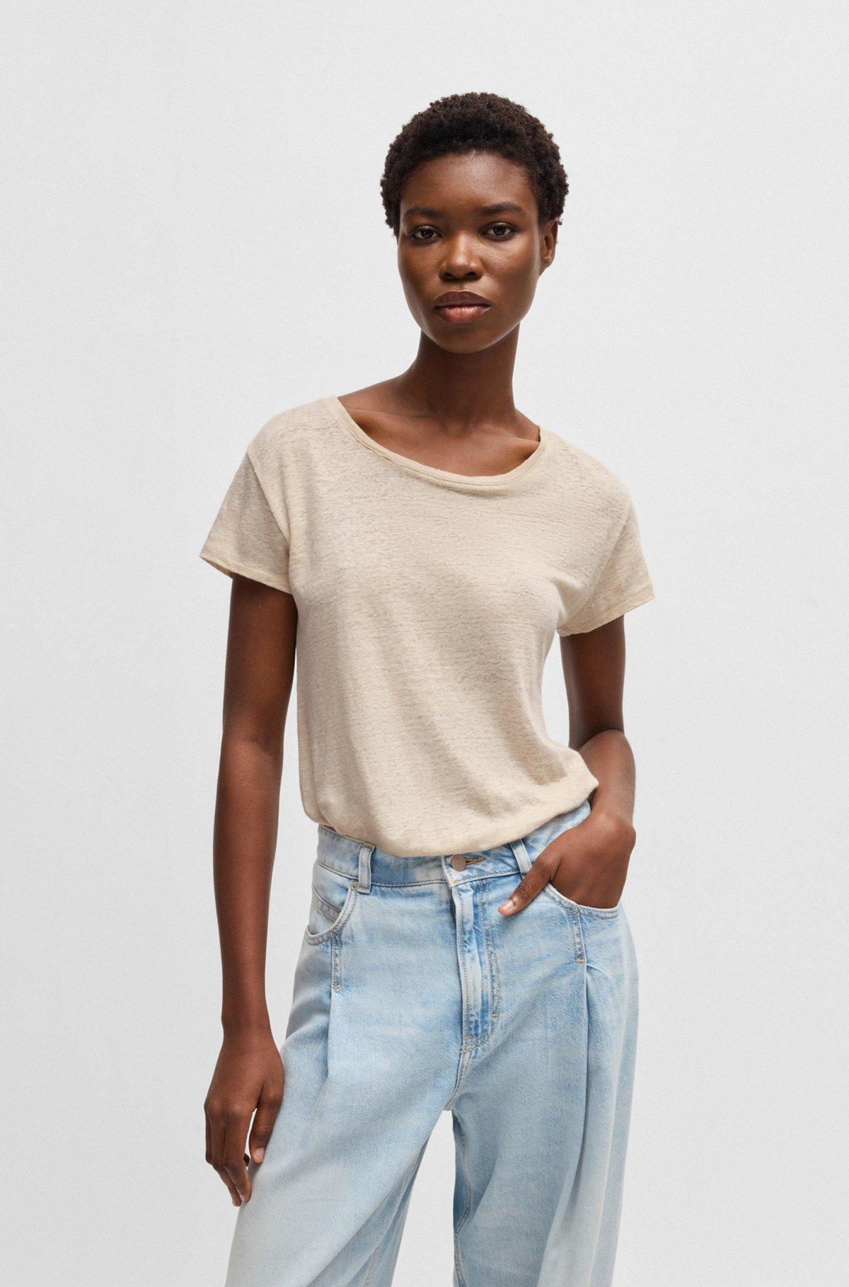 Scoop-neck linen T-shirt with gathered back Product Image