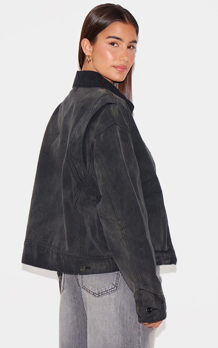 Washed Black Boxy Seam Detail Denim Carpenter Jacket Product Image